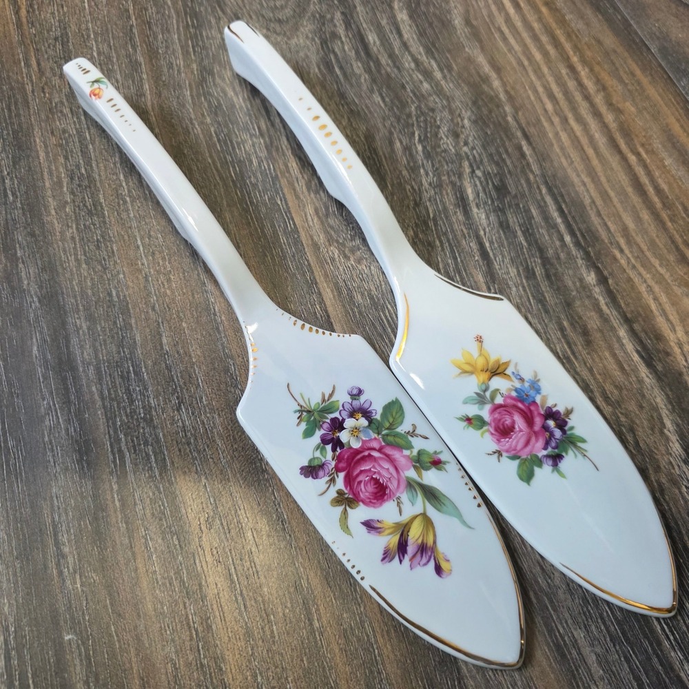 Sitzendorf Porcelain Cake Server Set 2 Floral Rose Gold Gilt 9.5in
